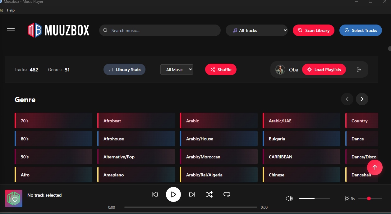 Muuzbox player with genre browsing and live playback controls