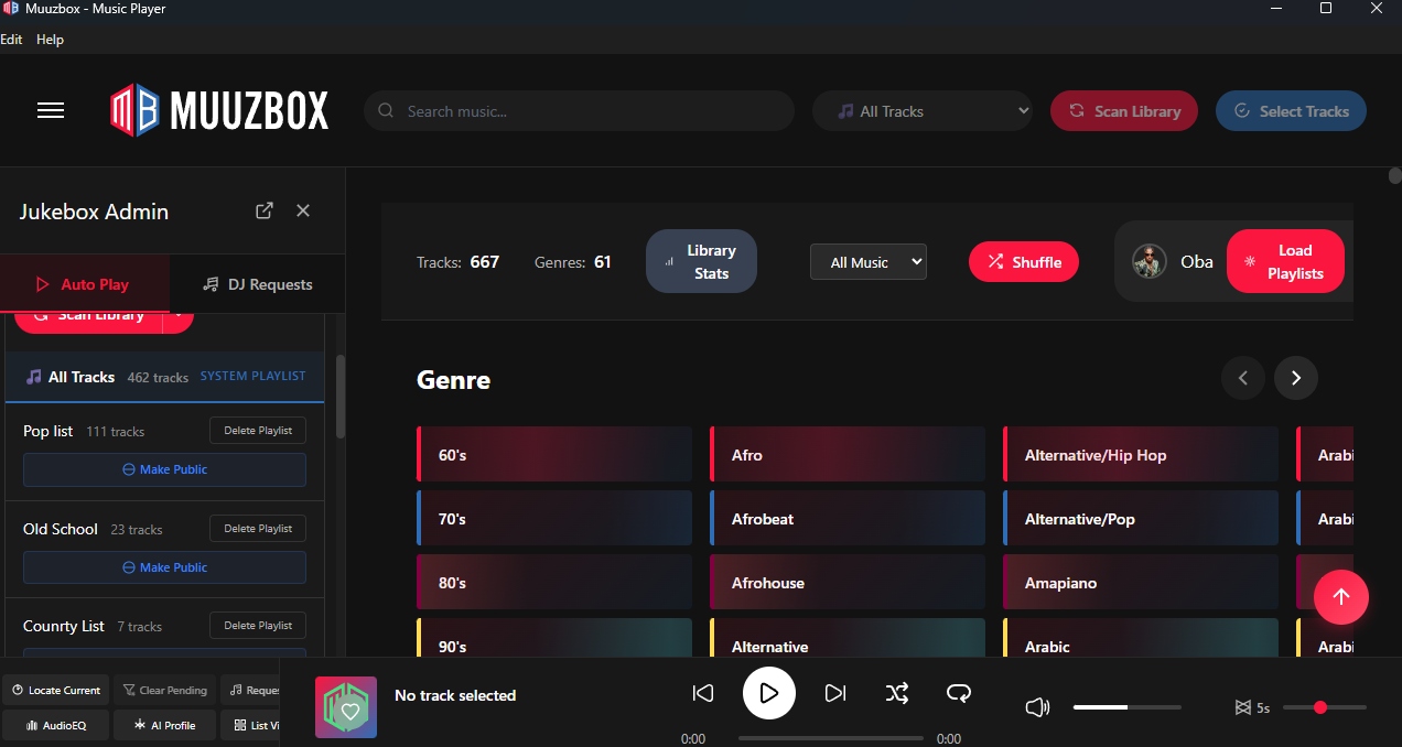 Muuzbox library controls with playlists and track management