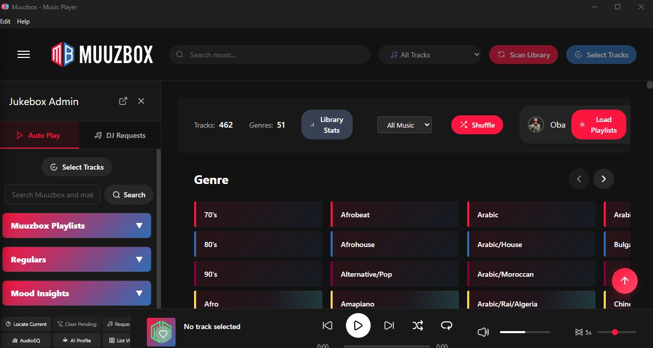 Muuzbox player in Jukebox Admin mode with requests, playlists, and venue tools